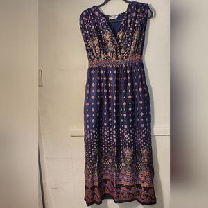 Lapogee  Maxi dress color Navy blue with gold designs sleeveless